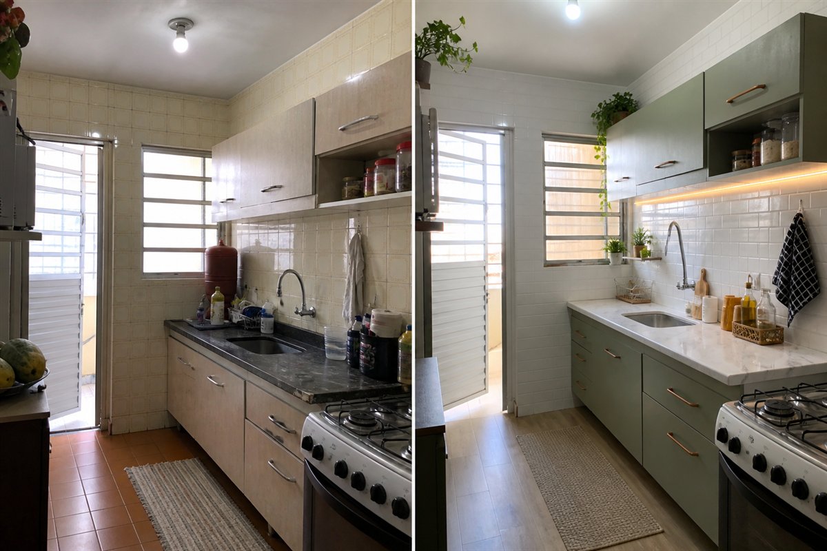 Antes e depois: Cozinha renovada sem quebradeira