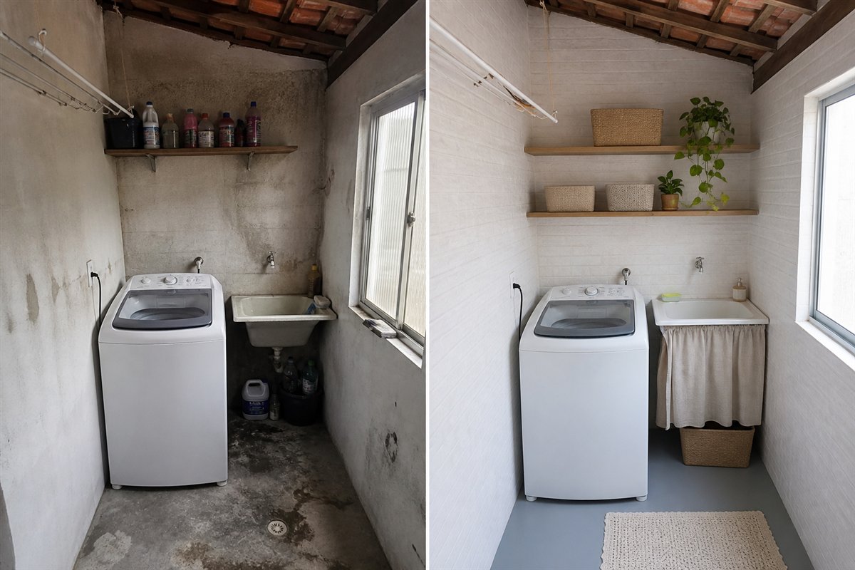 Antes e depois: Área de serviço limpa e organizada