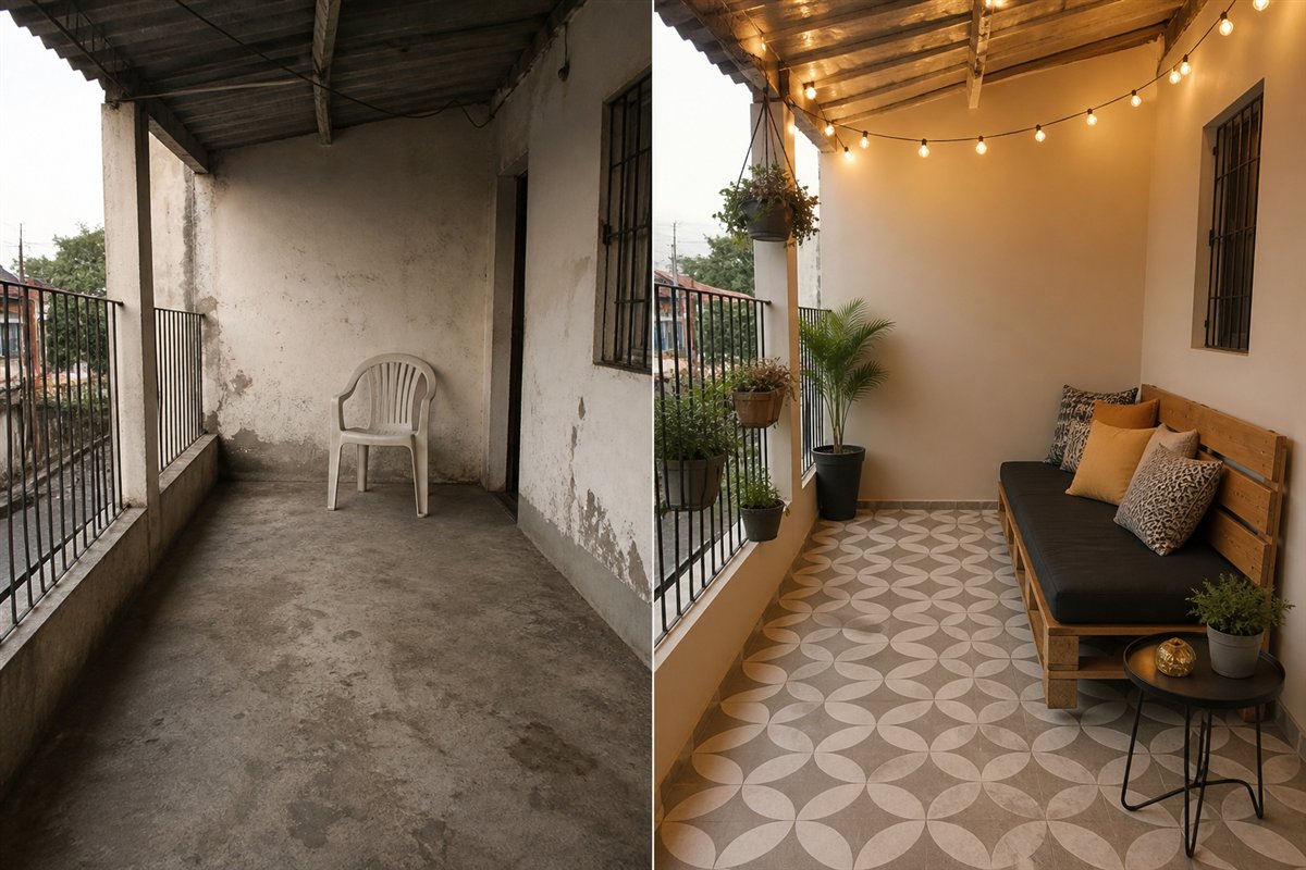 Antes e depois: Varanda econômica e acolhedora